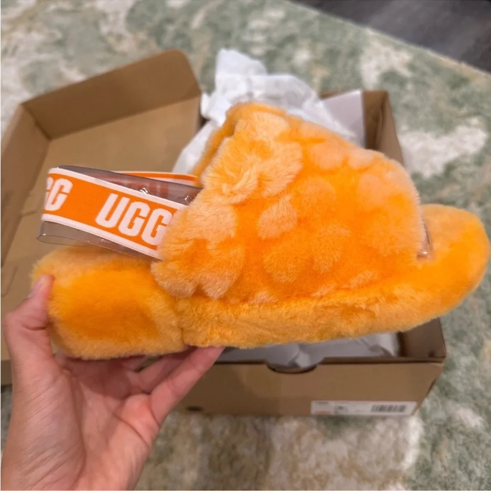 UGG Vibrant Orange Fluffy Slides - Picture 1 of 7